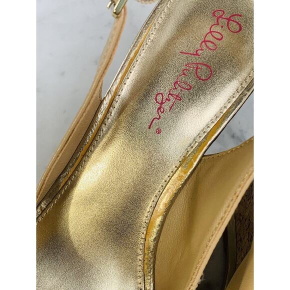 LILLY PULITZER Kristen Slingback Wedge 9M Tan Gold 4.5" Cork Peep Toe Sandal EUC - Picture 13 of 14